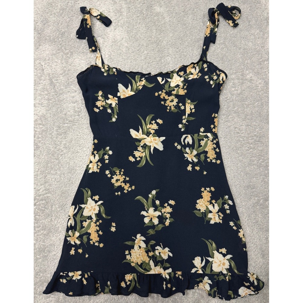 Reformation Christine Dress Womens 6 Navy Blue Floral Mini Tie Ruffle Smocked